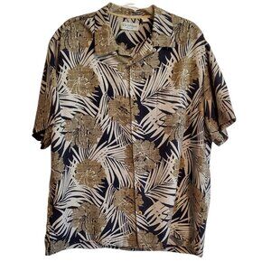 Caribbean Pure Silk Hawaiian Coastal Navy and Tan Wood Button Up Shirt XL
